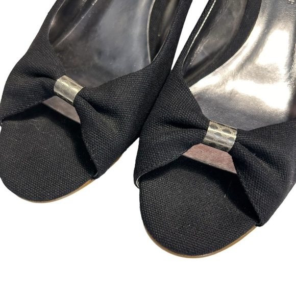 Etienne Aigner Black Canvas Wedge Heel open toe Pumps 8 - Picture 10 of 16